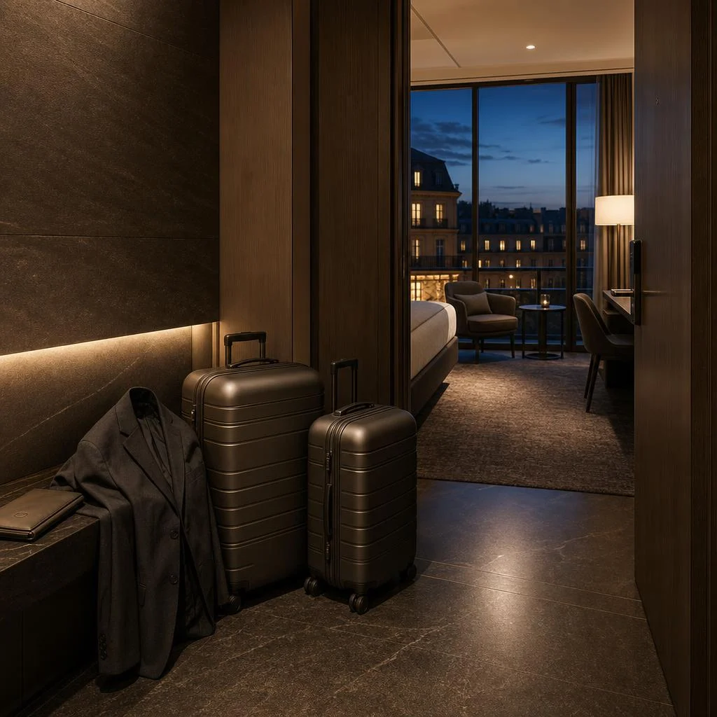 Luggage and clothing prepared inside a hotel suite