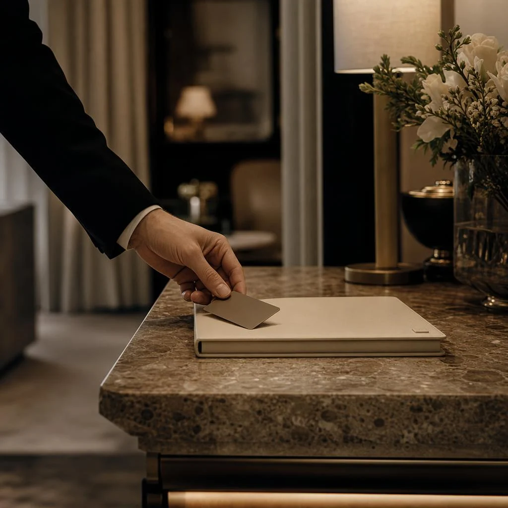 A room key placed on a private itinerary folio