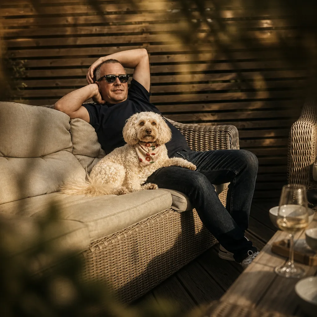 Terry relaxing outdoors with his dog